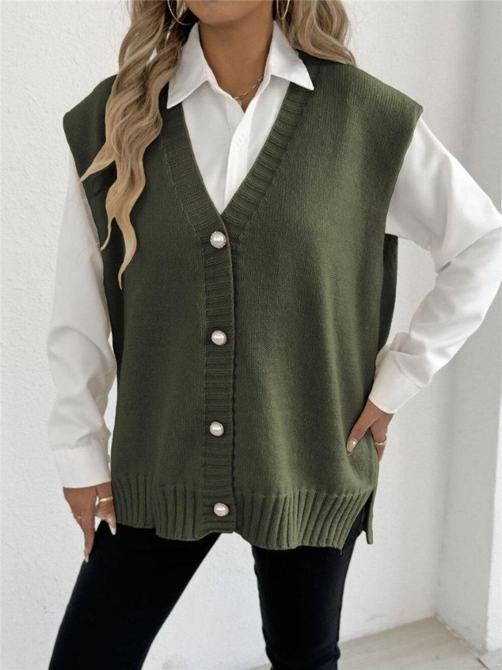 V-Neck Button-Front Knit Sweater Vest